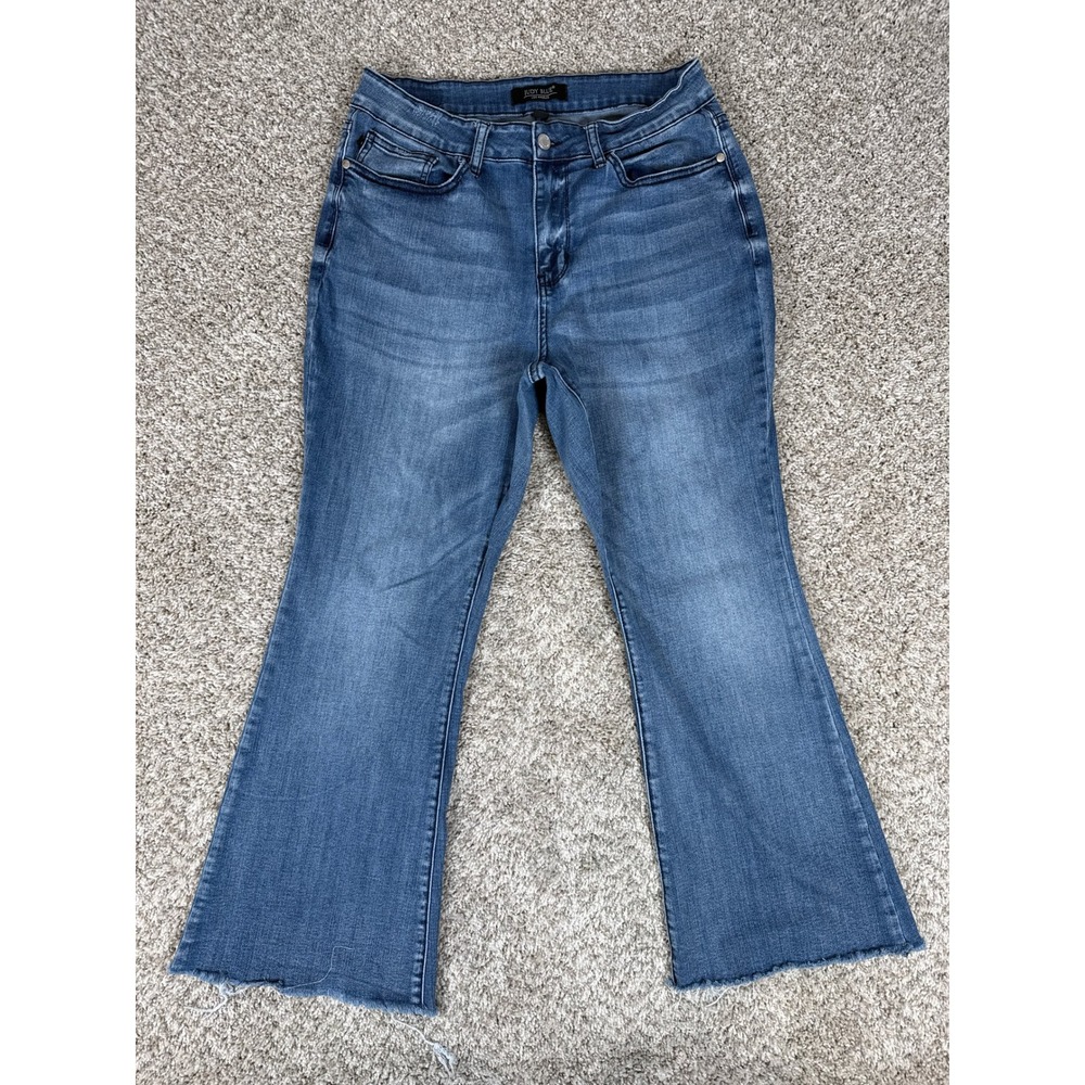 Judy Blue Jeans Womens 14W Blue Flare Medium Wash Raw Hem High Rise JB82288